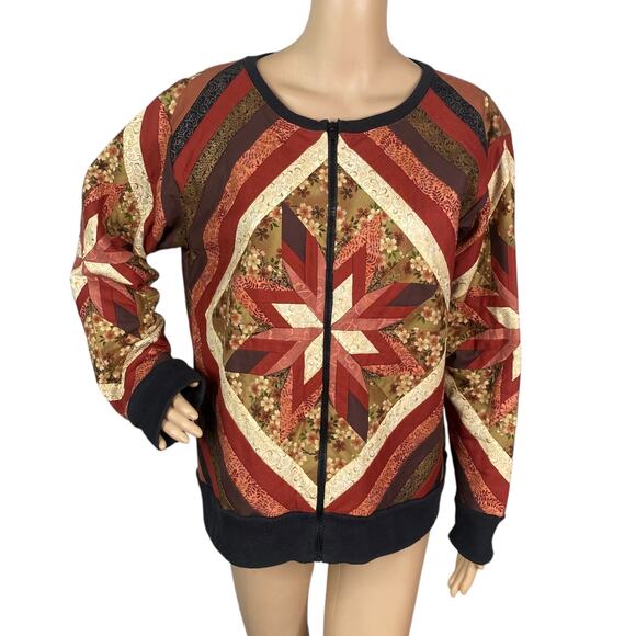 Vintage Handmade Quilted Star Cottagecore Patchwork Full Zip Jacket SZ XL - Picture 1 of 7